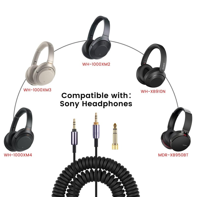 weishan WH-1000XM3 Coiled Audio Cable Replacement for Sony WH-1000XM4, WH-1000XM2 Headsets, 1/8” Extension Cord with 1/4” Adapter Works on PS5 PS4 PC Smartphone Xbox One, 4ft to 14ft - Image 2